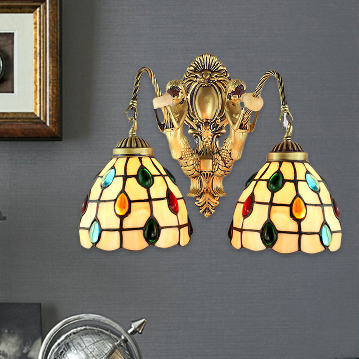 Lisslune | Decorated Beige Glass Wall Light Fixture 2 Heads Brass Wall Mount Light for Bedroom