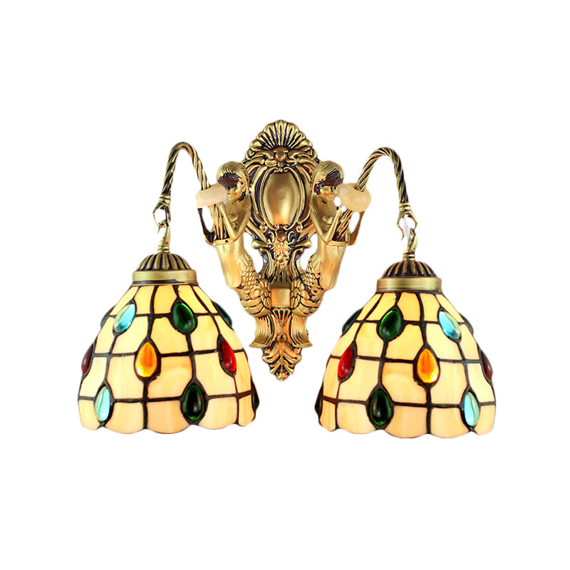 Lisslune | Decorated Beige Glass Wall Light Fixture 2 Heads Brass Wall Mount Light for Bedroom