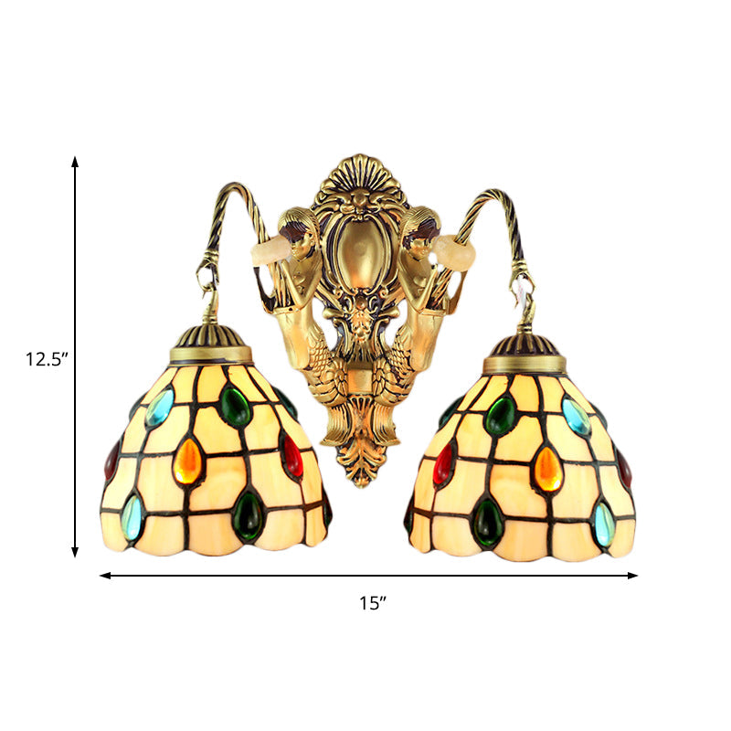 Lisslune | Decorated Beige Glass Wall Light Fixture 2 Heads Brass Wall Mount Light for Bedroom