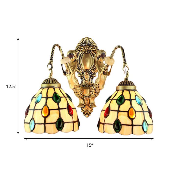 Lisslune | Decorated Beige Glass Wall Light Fixture 2 Heads Brass Wall Mount Light for Bedroom