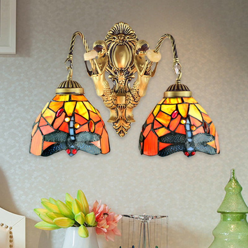 Skørter | 2 Heads Dome Sconce Lighting Tiffany Brass/White Frosted Glass Wall Mount Light with Dragonfly Pattern