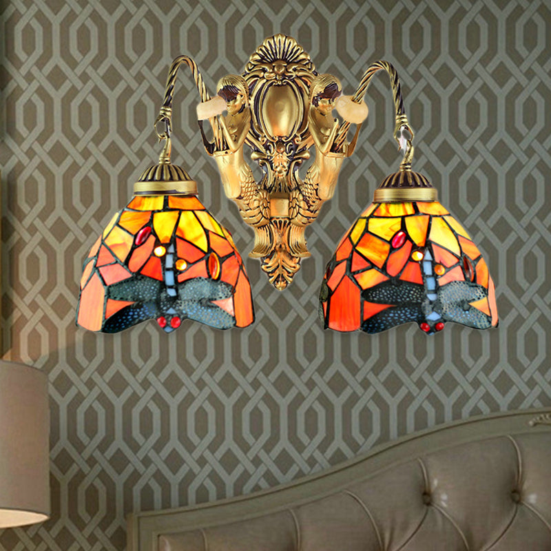 Skørter | 2 Heads Dome Sconce Lighting Tiffany Brass/White Frosted Glass Wall Mount Light with Dragonfly Pattern