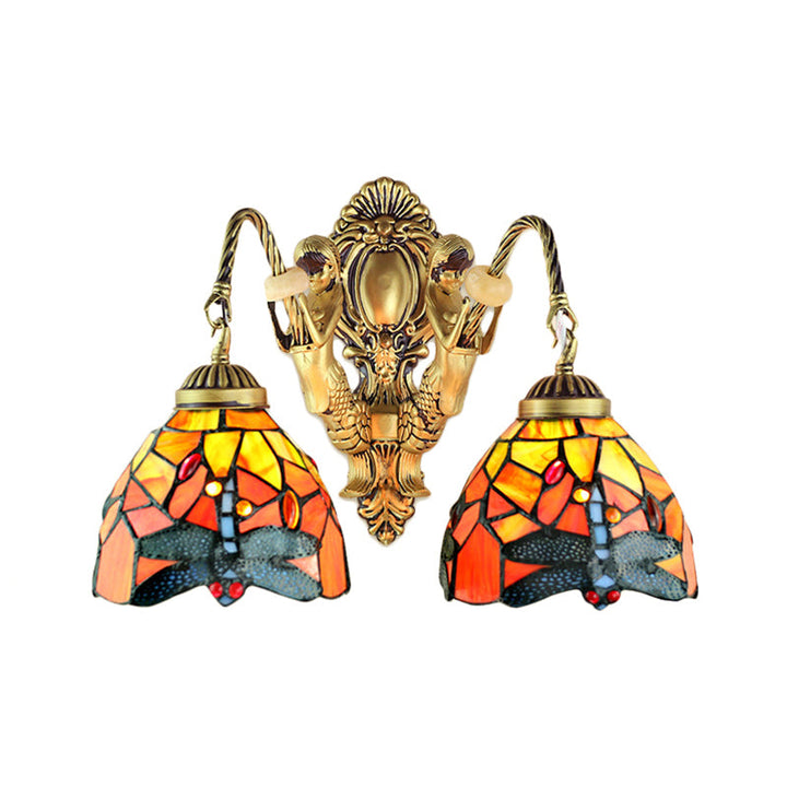 Skørter | 2 Heads Dome Sconce Lighting Tiffany Brass/White Frosted Glass Wall Mount Light with Dragonfly Pattern