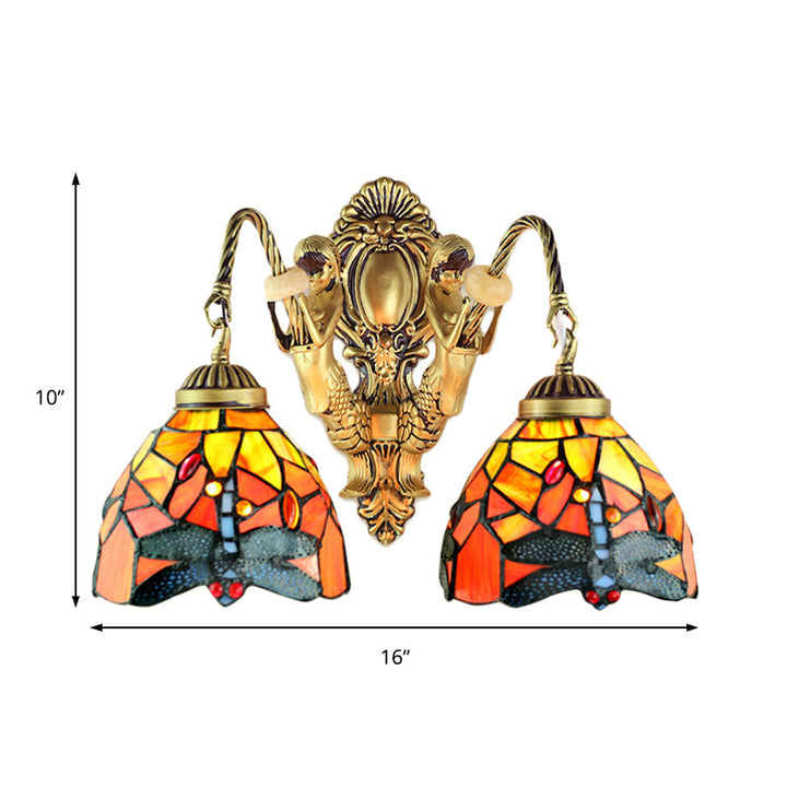 Skørter | 2 Heads Dome Sconce Lighting Tiffany Brass/White Frosted Glass Wall Mount Light with Dragonfly Pattern