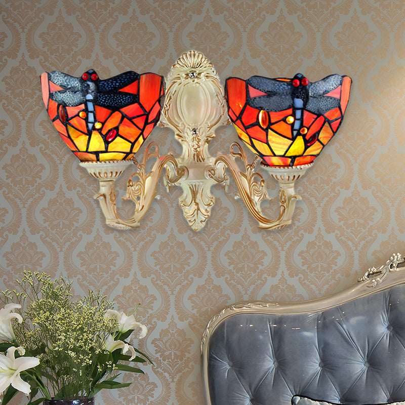 Skørter | 2 Heads Dome Sconce Lighting Tiffany Brass/White Frosted Glass Wall Mount Light with Dragonfly Pattern