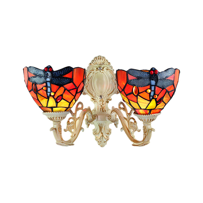 Skørter | 2 Heads Dome Sconce Lighting Tiffany Brass/White Frosted Glass Wall Mount Light with Dragonfly Pattern