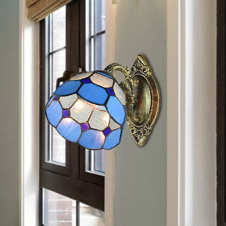 Lisslune | Wall light with jagged edge in Tiffany style, lead glass, 1-flame wall lamp in blue for stairwell