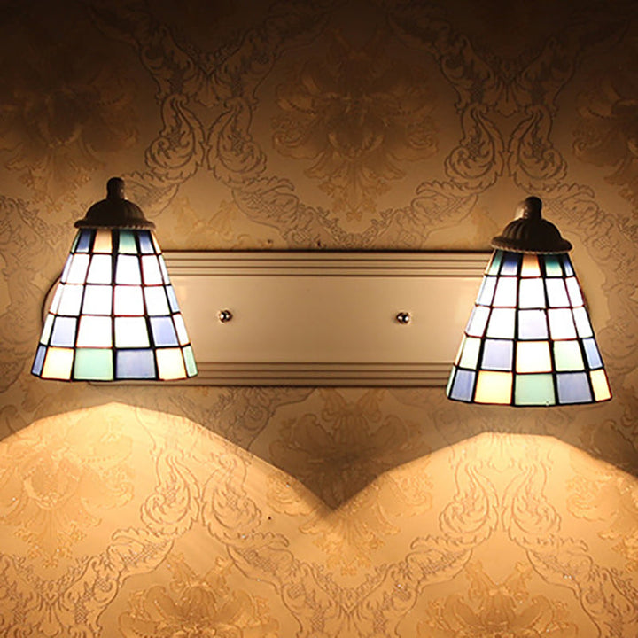 Lisslune | Conical blue glass wall-mounted light baroque 2 heads wall lamp with grid pattern