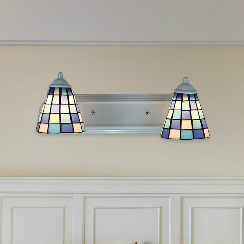 Lisslune | Conical blue glass wall-mounted light baroque 2 heads wall lamp with grid pattern