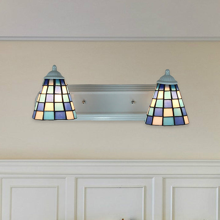 Lisslune | Conical blue glass wall-mounted light baroque 2 heads wall lamp with grid pattern