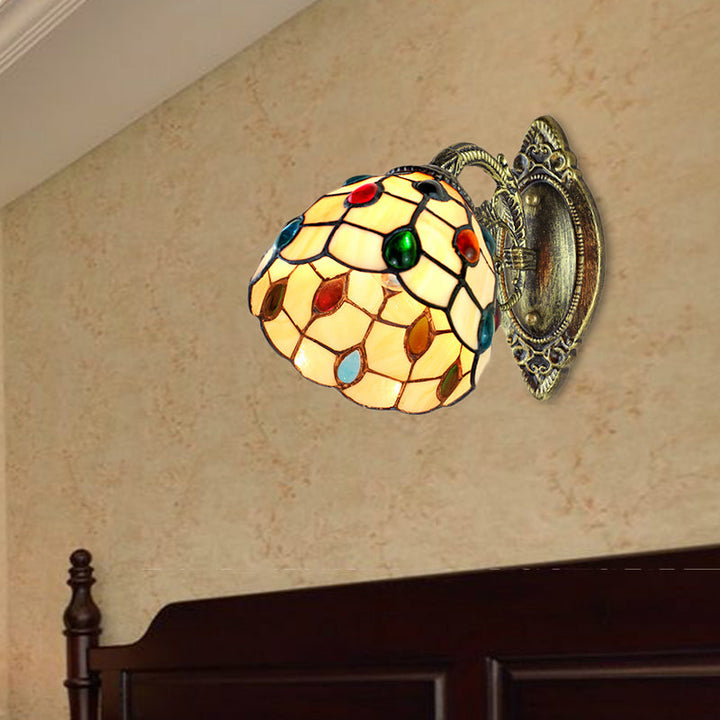 Lisslune | 1 Light Dome Shade Wall Light Retro Style Stained Glass Wall Lamp with Jewel Pattern in Yellow