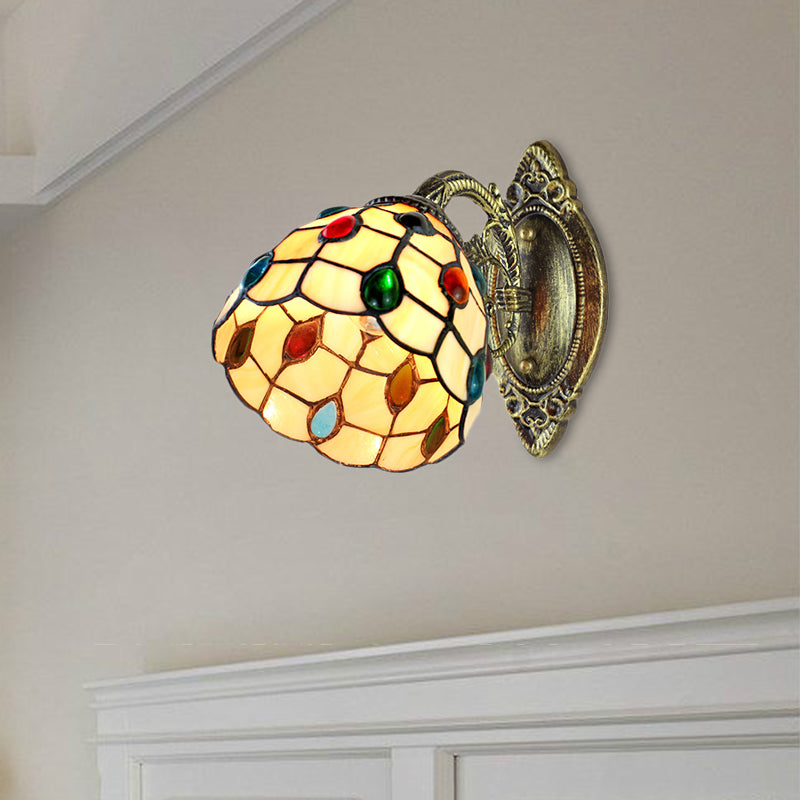 Lisslune | 1 Light Dome Shade Wall Light Retro Style Stained Glass Wall Lamp with Jewel Pattern in Yellow