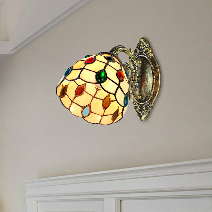 Lisslune | 1 Light Dome Shade Wall Light Retro Style Stained Glass Wall Lamp with Jewel Pattern in Yellow