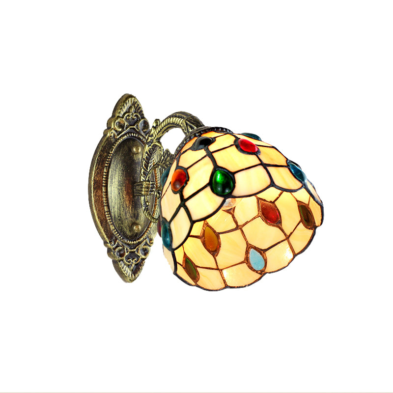 Lisslune | 1 Light Dome Shade Wall Light Retro Style Stained Glass Wall Lamp with Jewel Pattern in Yellow