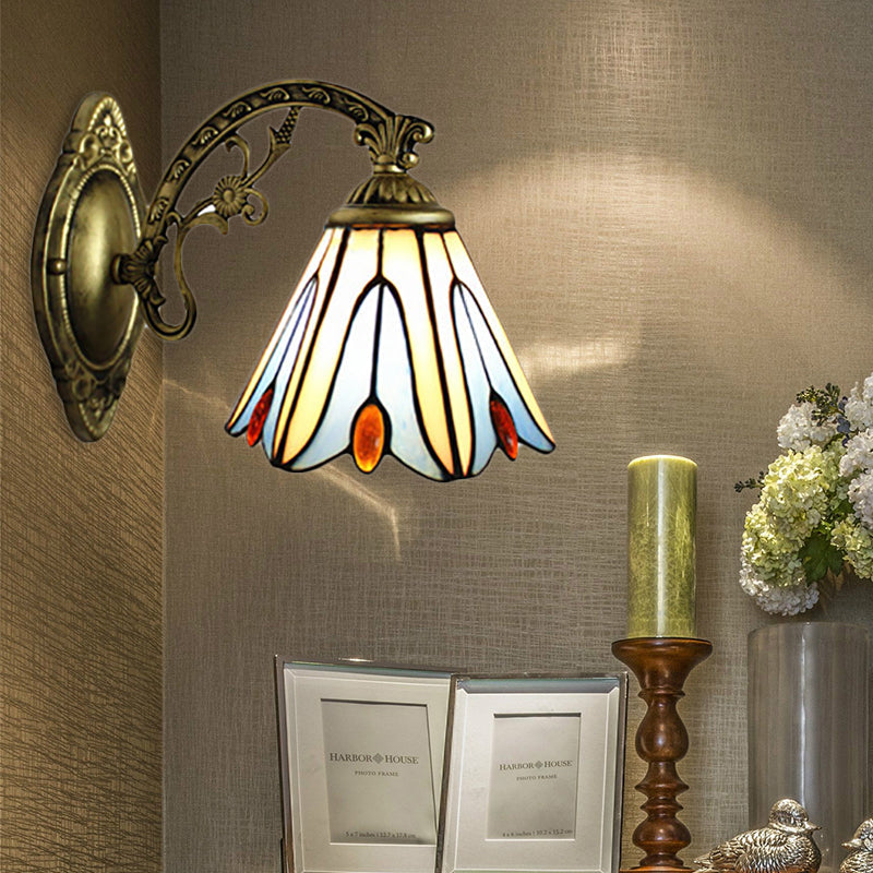 Lisslune | Vintage Bell Shade Wall Light Stained Glass 1 Light Wall Sconce in Blue for Bedroom Lighting