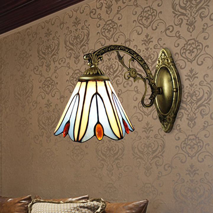 Lisslune | Vintage Bell Shade Wall Light Stained Glass 1 Light Wall Sconce in Blue for Bedroom Lighting