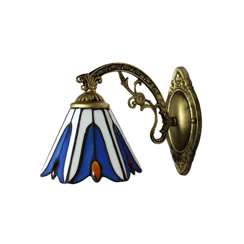 Lisslune | Vintage Bell Shade Wall Light Stained Glass 1 Light Wall Sconce in Blue for Bedroom Lighting