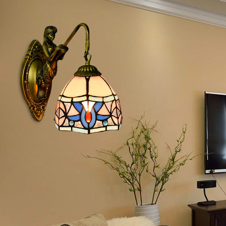 Lisslune | Tiffany Bowl Wall Lamp Beige Glass 1 Head Sconces Light with Mermaid Decoration