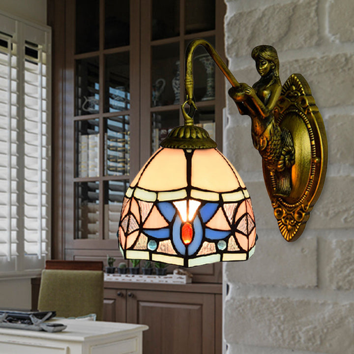 Lisslune | Tiffany Bowl Wall Lamp Beige Glass 1 Head Sconces Light with Mermaid Decoration
