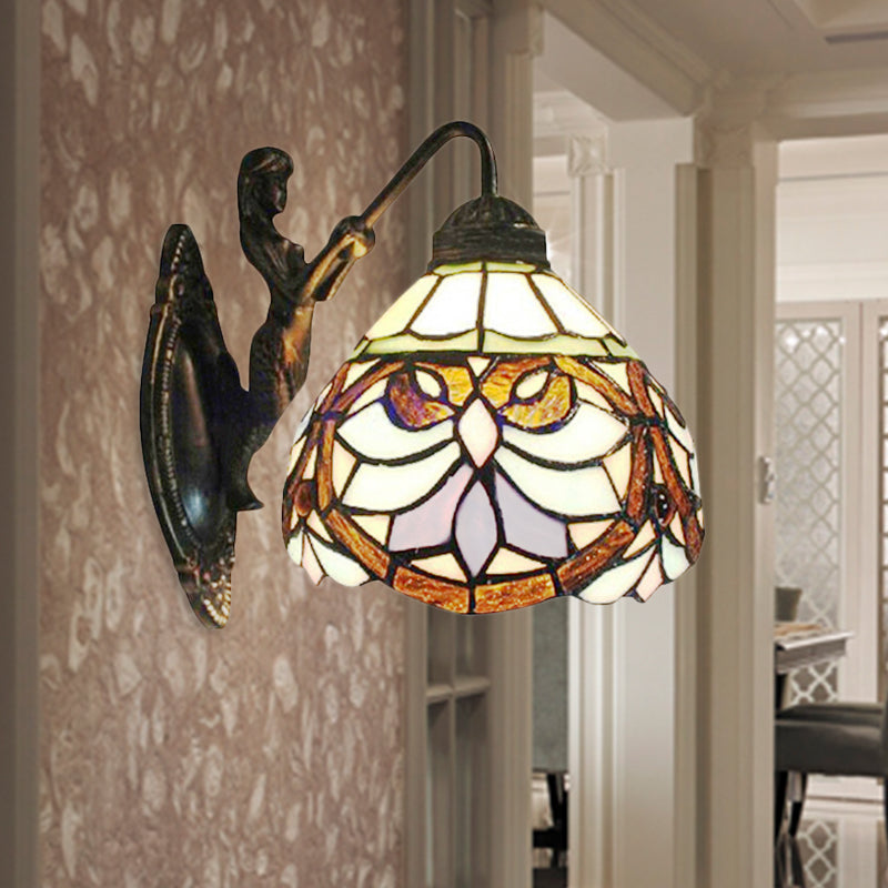 Lisslune | Victorian Dome Wall Light 1 Head Beige Glass Wall Lamp with Floral Pattern