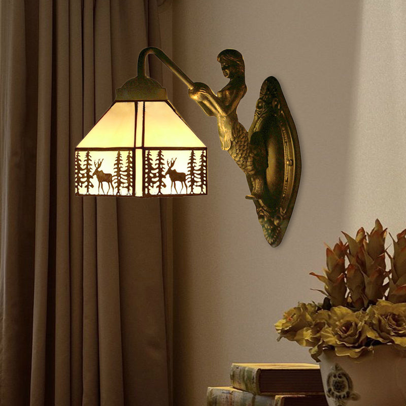 Lisslune | Small House Wall Mounted Light Retro Stained Glass 1 Light Wall Lighting with Mermaid Decoration