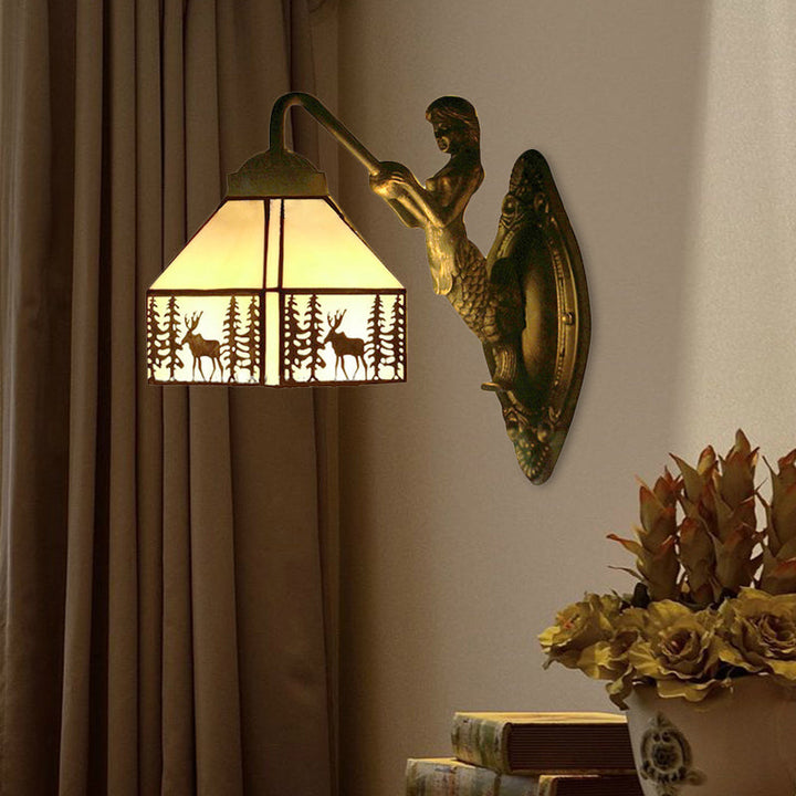 Lisslune | Small House Wall Mounted Light Retro Stained Glass 1 Light Wall Lighting with Mermaid Decoration