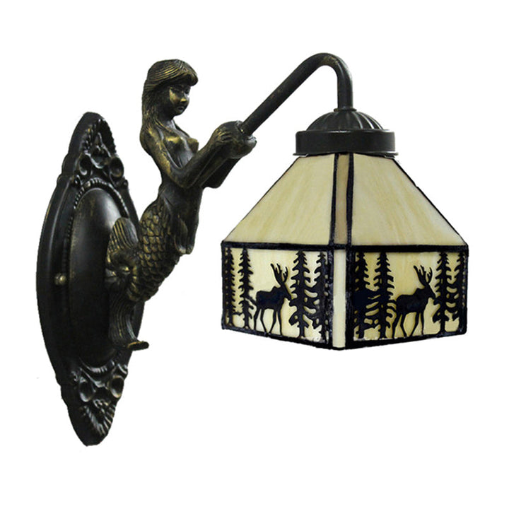 Lisslune | Small House Wall Mounted Light Retro Stained Glass 1 Light Wall Lighting with Mermaid Decoration