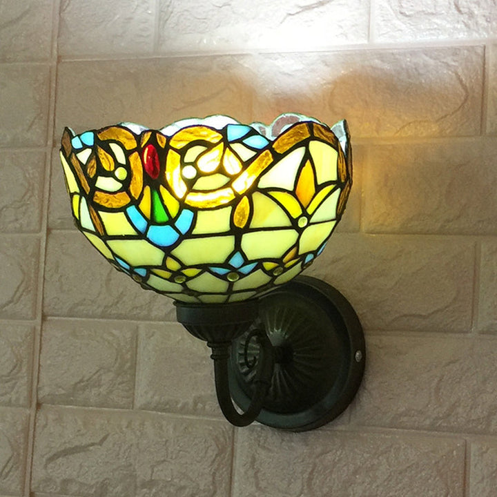Lisslune | Baroque Wall Lamp 1 Head Yellow/Blue Glass Wall Mounted Light with Flower Pattern