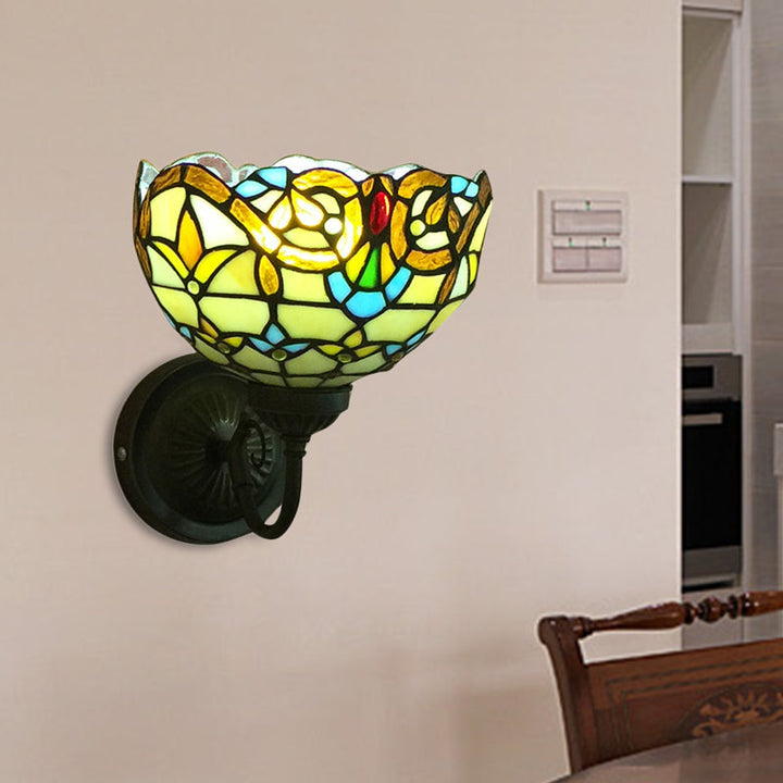 Lisslune | Baroque Wall Lamp 1 Head Yellow/Blue Glass Wall Mounted Light with Flower Pattern