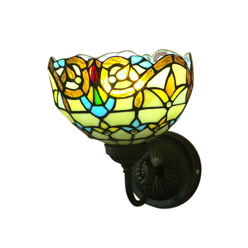 Lisslune | Baroque Wall Lamp 1 Head Yellow/Blue Glass Wall Mounted Light with Flower Pattern