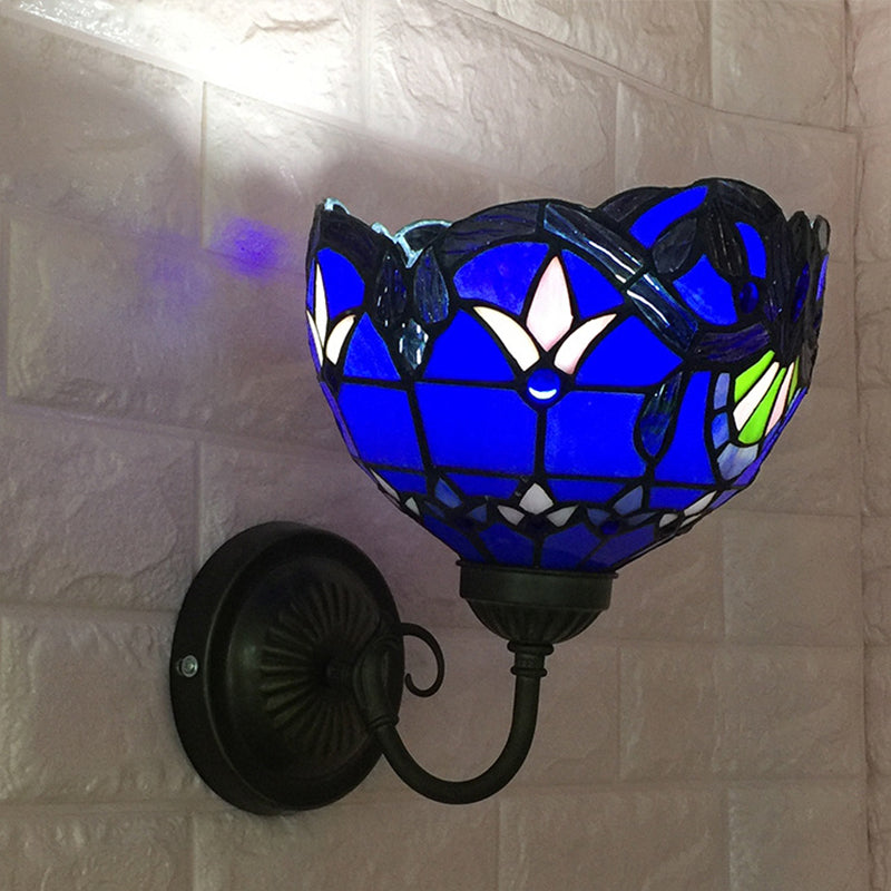 Lisslune | Baroque Wall Lamp 1 Head Yellow/Blue Glass Wall Mounted Light with Flower Pattern