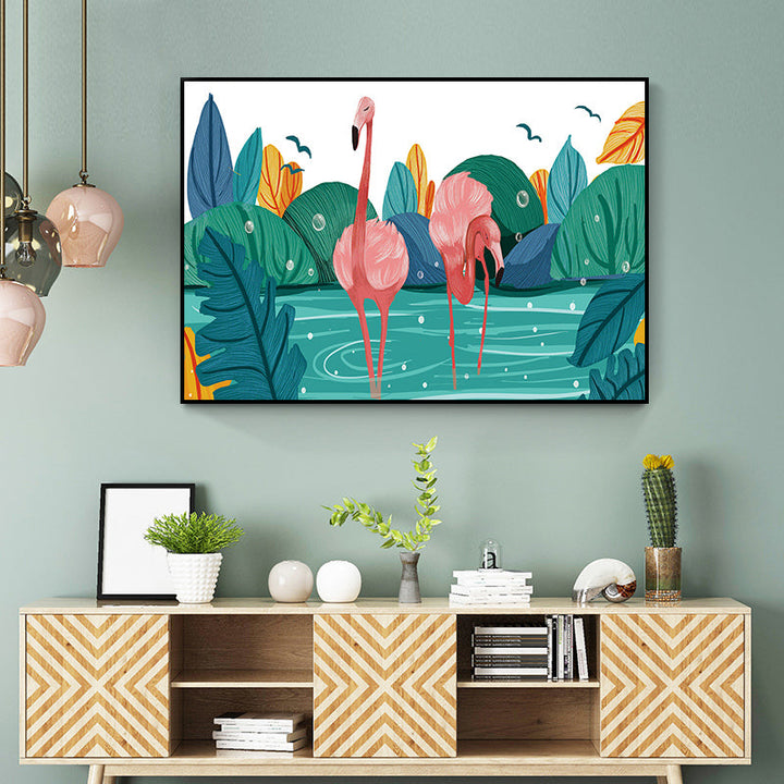 Lisslune | Flamingo Print Painting Tropical Stylish Textured Canvas Wall Art for Dining Room