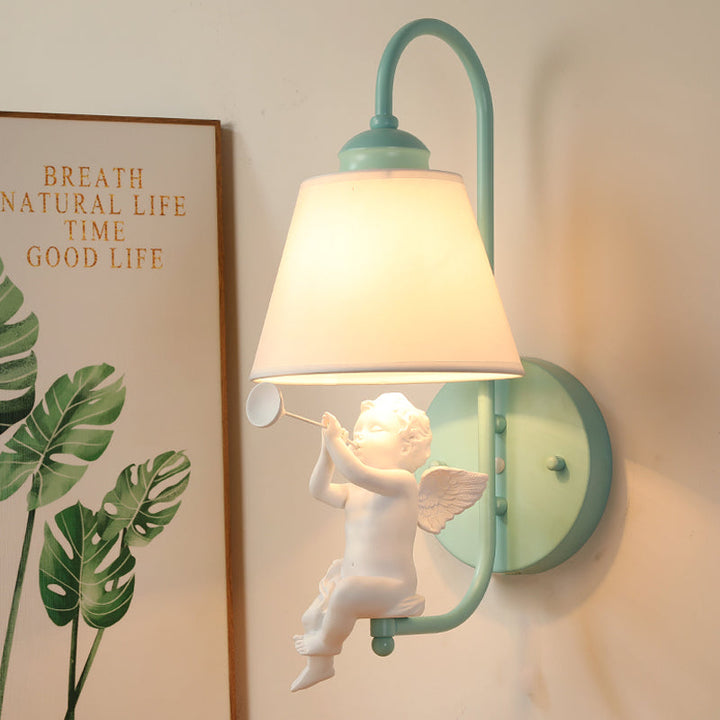 Skørter | Resin Little Angel Wall Lamp with Fabric Shade 1 Head Nordic Wall Lamp in Green for Children's Room