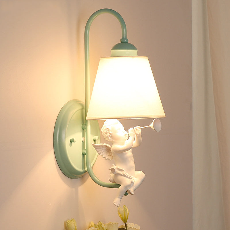 Skørter | Resin Little Angel Wall Lamp with Fabric Shade 1 Head Nordic Wall Lamp in Green for Children's Room