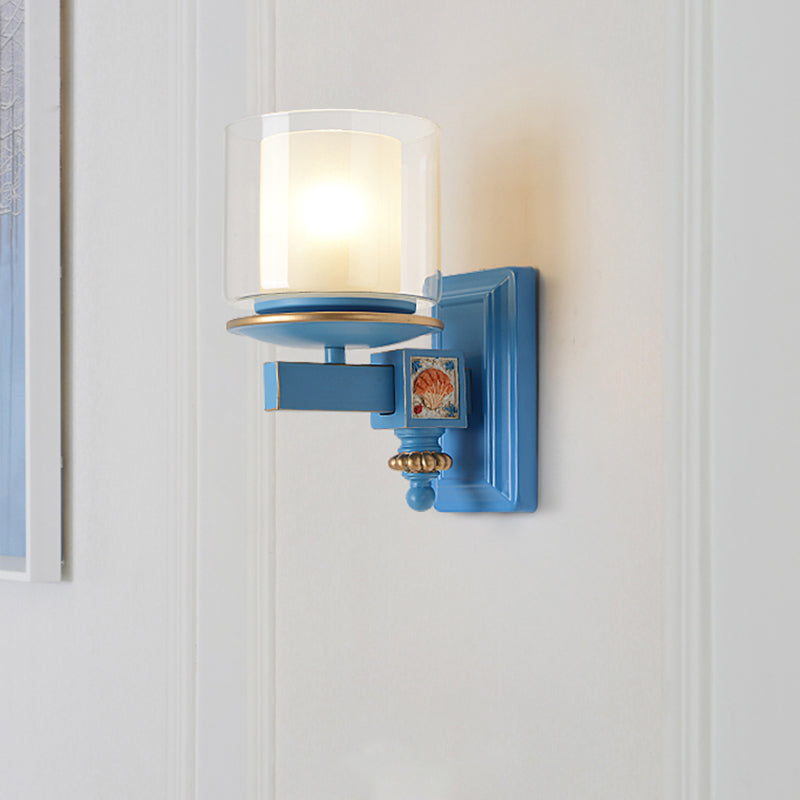 Skørter | Dual Column Wall Mounted Lamp Artificial Clear and Opal Glass Sky/Light Blue Wall Lighting with Decorative Harms Bowls