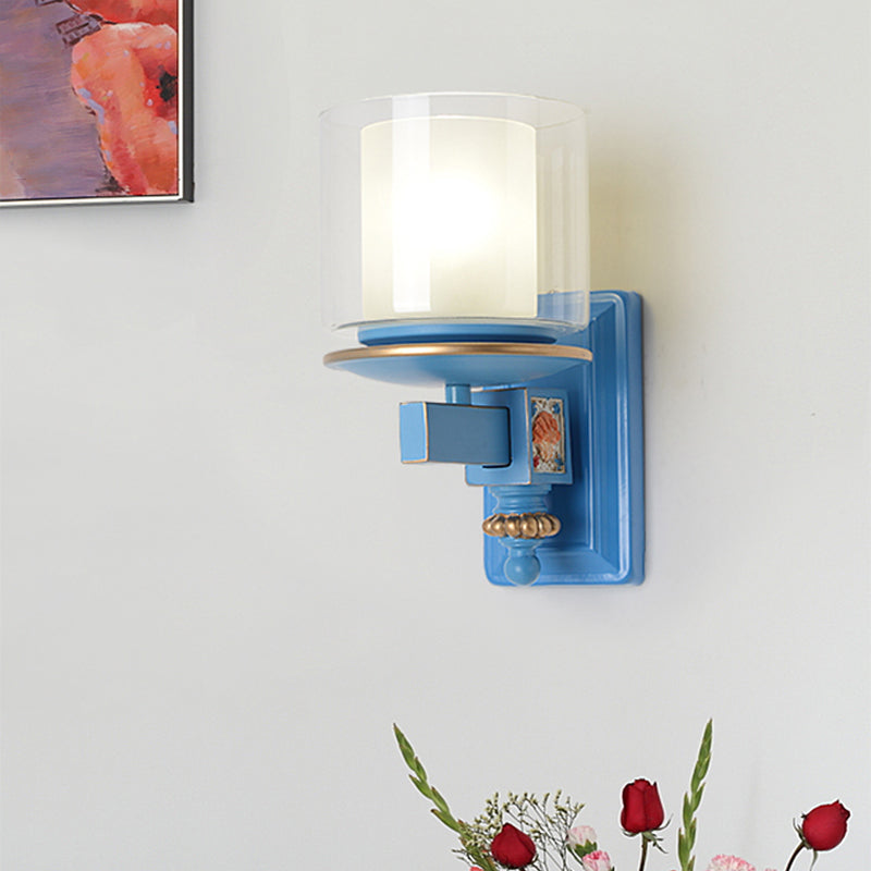 Skørter | Dual Column Wall Mounted Lamp Artificial Clear and Opal Glass Sky/Light Blue Wall Lighting with Decorative Harms Bowls