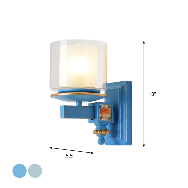 Skørter | Dual Column Wall Mounted Lamp Artificial Clear and Opal Glass Sky/Light Blue Wall Lighting with Decorative Harms Bowls