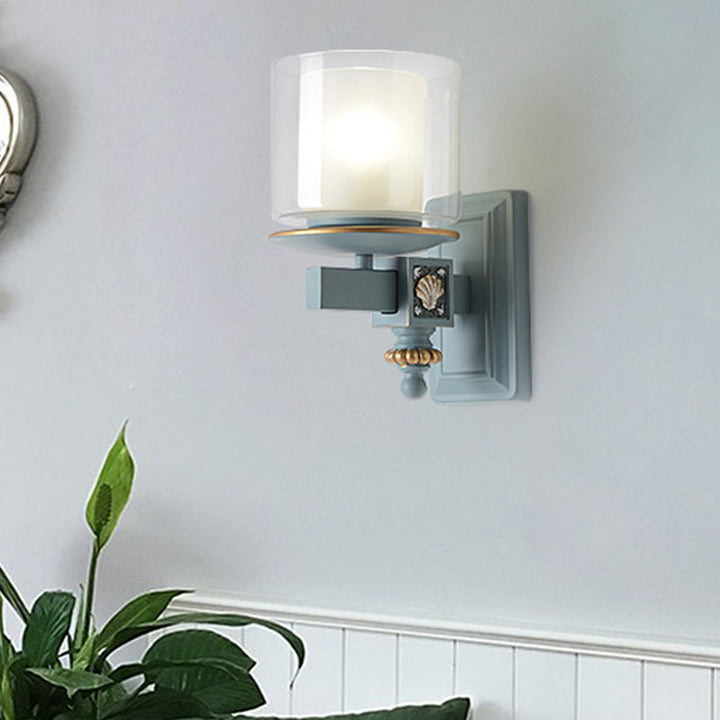 Skørter | Dual Column Wall Mounted Lamp Artificial Clear and Opal Glass Sky/Light Blue Wall Lighting with Decorative Harms Bowls