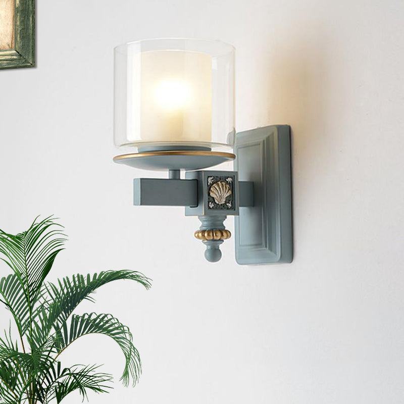Skørter | Dual Column Wall Mounted Lamp Artificial Clear and Opal Glass Sky/Light Blue Wall Lighting with Decorative Harms Bowls