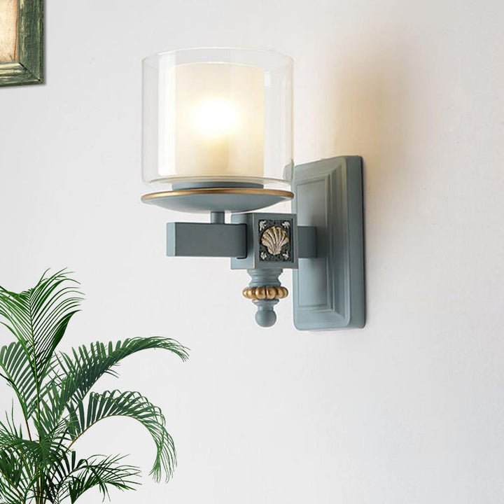 Skørter | Dual Column Wall Mounted Lamp Artificial Clear and Opal Glass Sky/Light Blue Wall Lighting with Decorative Harms Bowls