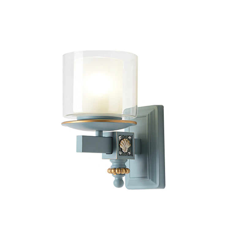 Skørter | Dual Column Wall Mounted Lamp Artificial Clear and Opal Glass Sky/Light Blue Wall Lighting with Decorative Harms Bowls