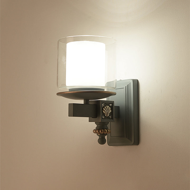 Skørter | Dual Column Wall Mounted Lamp Artificial Clear and Opal Glass Sky/Light Blue Wall Lighting with Decorative Harms Bowls