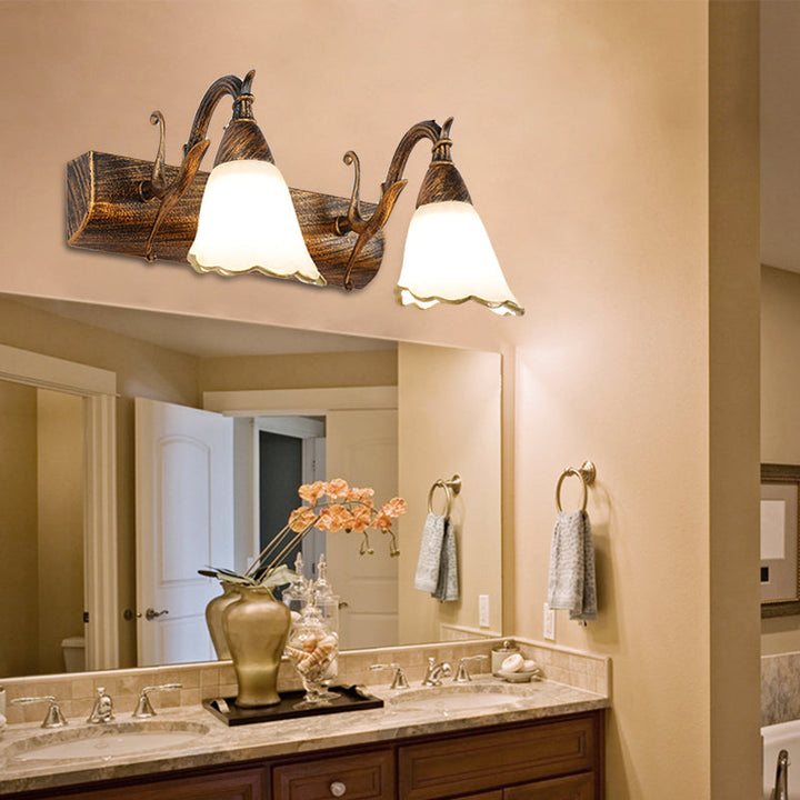 Lisslune | Floral Opal Glass Wall Light Simple 2/3-Light Bronze/Weathered White Wall-Mounted Lighting with Curved Arm
