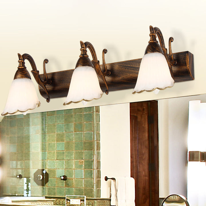 Lisslune | Floral Opal Glass Wall Light Simple 2/3-Light Bronze/Weathered White Wall-Mounted Lighting with Curved Arm