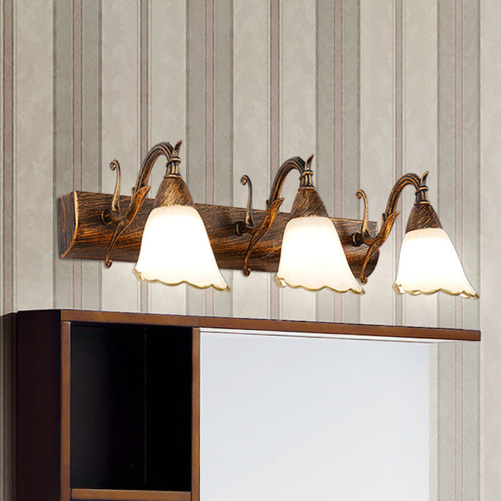 Lisslune | Floral Opal Glass Wall Light Simple 2/3-Light Bronze/Weathered White Wall-Mounted Lighting with Curved Arm