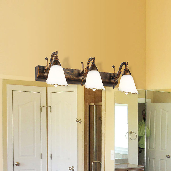 Lisslune | Floral Opal Glass Wall Light Simple 2/3-Light Bronze/Weathered White Wall-Mounted Lighting with Curved Arm