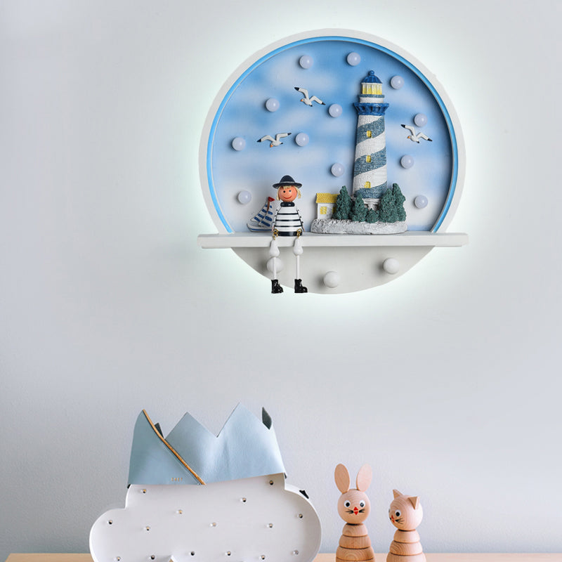 Skørter | Circle surface wall light coastal wood LED blue wall lamp with seagull and lighthouse decor in warm/white light
