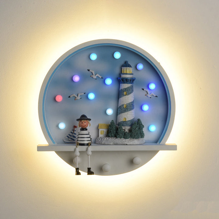 Skørter | Circle surface wall light coastal wood LED blue wall lamp with seagull and lighthouse decor in warm/white light