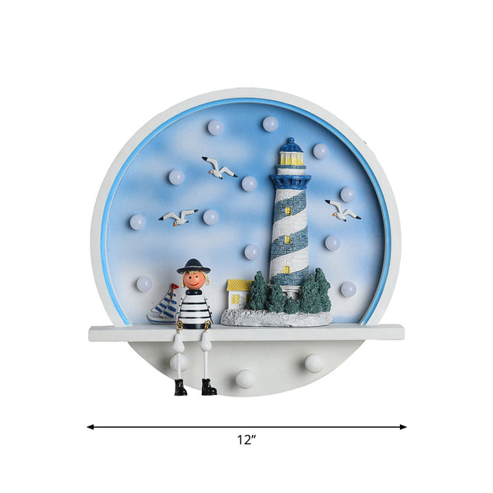 Skørter | Circle surface wall light coastal wood LED blue wall lamp with seagull and lighthouse decor in warm/white light