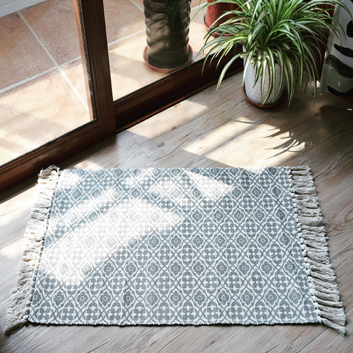 Lisslune | Moroccan tribal flower pattern rug blue and gray cotton rug non-slip pet-friendly washable rug for the living room